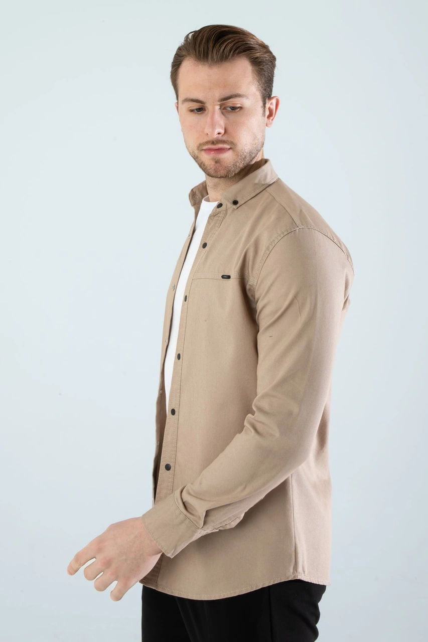 Slim Fit Erkek Cepsiz Kot Gömlek Bej