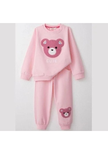 Kız Çocuk Ayıcık Nakışlı Pamuklu Eşofman Takım-14585 Pembe