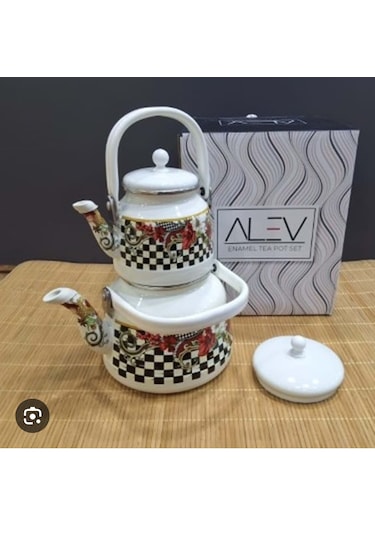 Alev Emaye Çaydanlık Takımı Nostaljinin Modern Yorumu Beyaz - Siyah