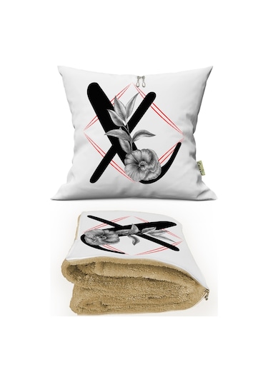 X HARFİ Baskılı Kişiye Özel Opsiyonel Battaniyeli Yastık Kırlent 2 in 1