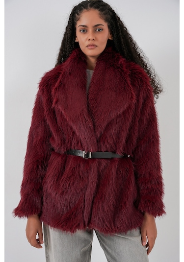 Kadın Kemerli Oversize Kürklü Kaban 9156 - Bordo Bordo