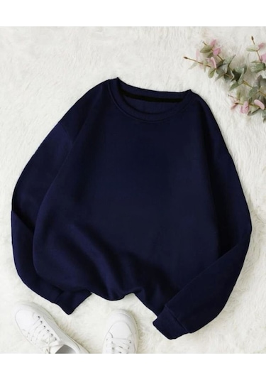 Basic Düz Sweatshirt - Lacivert Oversize Kışlık Kalın Bisiklet Yaka Lacivert