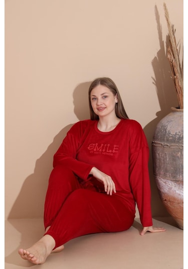 Boyraz Kadın Kışlık Fransız Kadife Büyük Beden Bisiklet Yaka Uzun Kol Pijama Takımı 03130 - 1 Adet Kırmızı