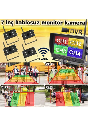 4 Adet Kablosuz Kamera Ahd 1080p 7 İnç Dvr Monitör Bsd Kör Nokta Sistemli 12 24 V