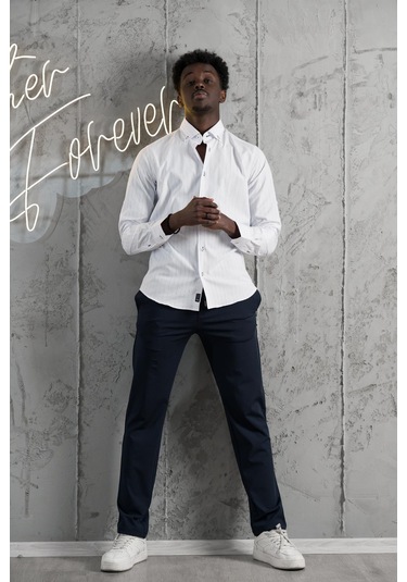 Advante Kalın Çizgili Katlamalı Kol Yaka Düğmeli Slimfit Pamuklu Yazlık Gömlek Mavi