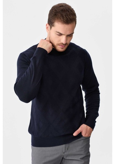 Desen Triko Erkek Yarım Balıkçı Yaka Baklava Desenli Yün Kazak 02422548 Lacivert