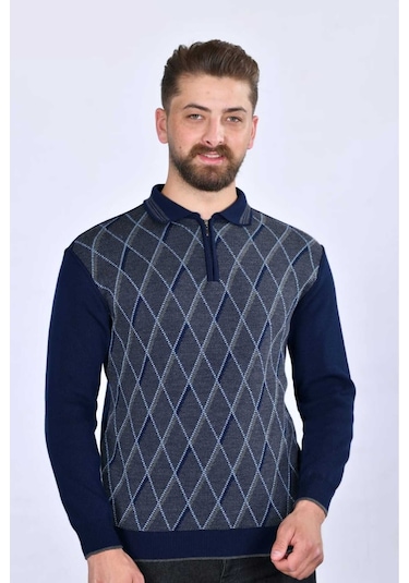 Kamalı Erkek Çelik Örgü Baklava Desenli Gömlek Yaka Fermuarlı Polo Yakalı Tüylenmez Triko Kışlık Baba Kazak Lacivert