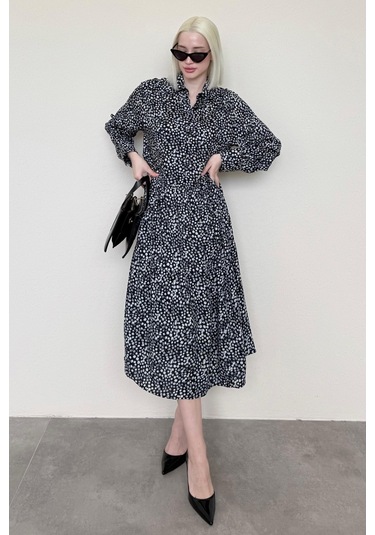 Madmext Siyah Uzun Kollu Düğmeli Desenli Elbise Mg2431 Siyah