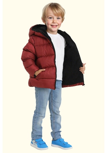 Erkek Çocuk Polarlı Kapüşonlu Su Geçirmez Rüzgara Dayanıklı Şişme Kışlık Mont Bordo