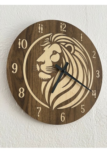 Safari Serisi - Aslan - Ahşap Duvar Saati - 40 Cm Ahşap