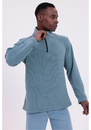 Freemen Erkek Fit Dik Yaka Yarım Fermuarlı Sweatshirt Polar Mavi