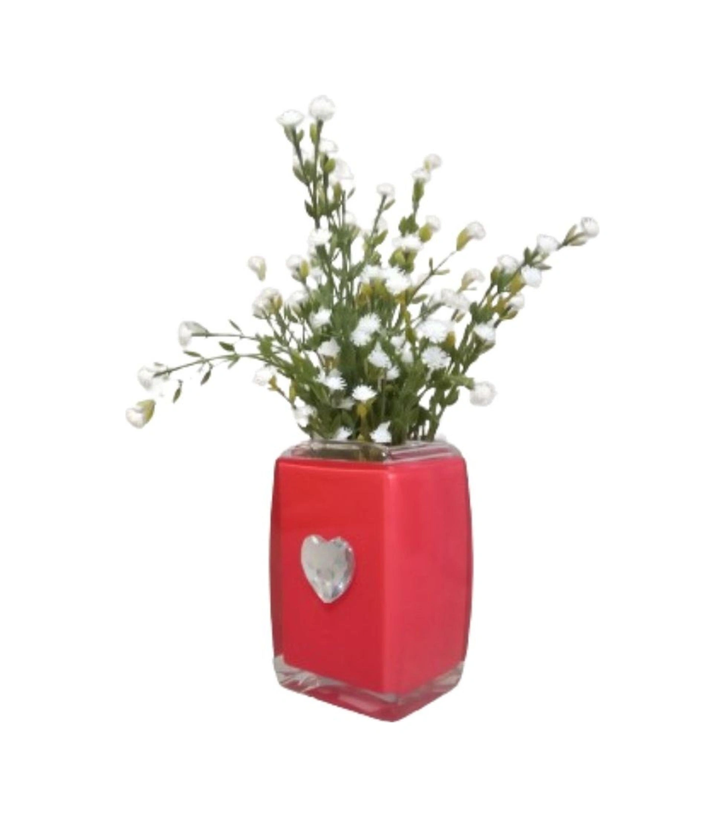 2 Adet Vazo Dahil,vazoda Çiçek,beyaz Yapay Çiçek,vazo Dekoratif Kristal Taşlı Kırmızı Kalpli 6x6x16cm Çok Renkli