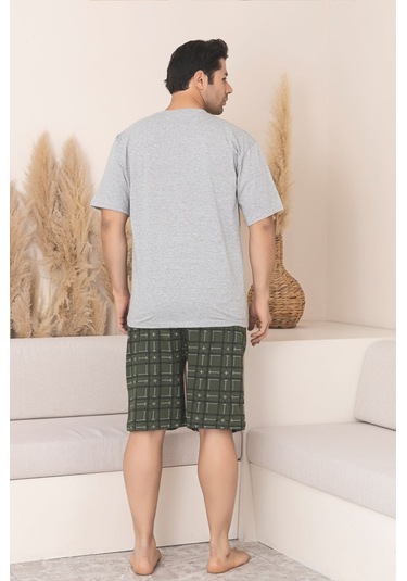 Büyük Beden Pamuklu Cepli Kısa Kollu Şortlu Erkek Pijama Takımı Gri