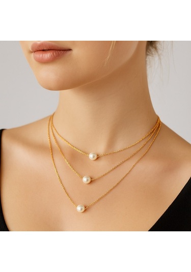 Altın Renk Üç Katmanlı Üç Incili Kolye Altın