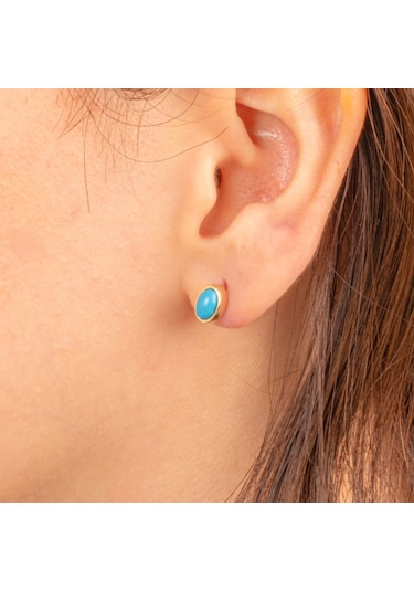 Altın Küpe - 14 Ayar Altın Firuze Turkuaz Taşlı Oval Küpe Sarı