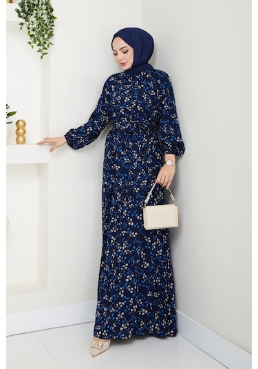 Semar Dokuma Viskon Elbise 1541 - Lacivert Lacivert