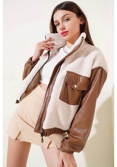 Deri Garnili Cepli Peluş Mont Taba T1253 Taba