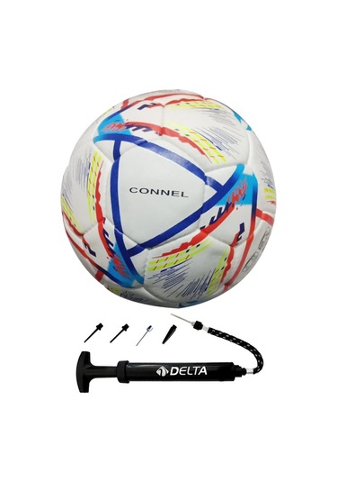 Delta Connel El Dikişli 5 Numara Dura-strong Futbol Topu + Çok Fonksiyonlu Top Pompası İkili Set Beyaz
