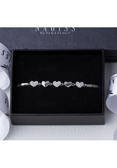 5'li Kalp Model 925 Ayar Gümüş Zirkon Taşlı Kadın Bileklik Gümüş