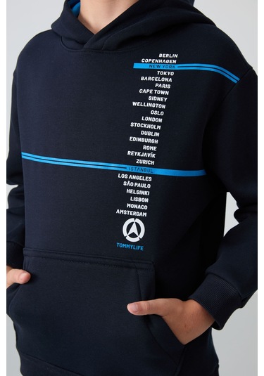 Tommy Life Lacivert Pamuklu Kalın İçi Tüylü Yumuşak Dokulu Standart Fit Baskılı Erkek Çocuk Sweatshirt - 11239 Lacivert