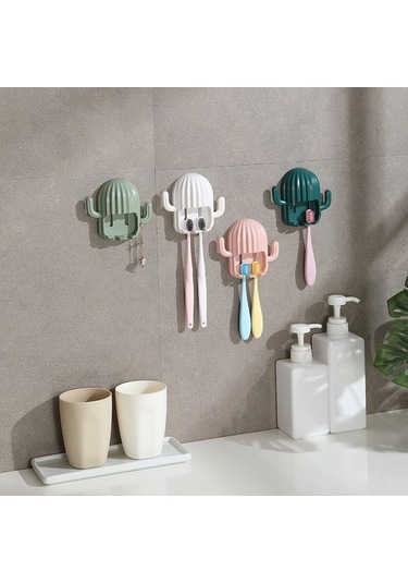 Pazly Yapışkan Kaktüs Delmesiz Çok Amaçlı Diş Fırçası Organizatörü - Elektrikli, Takı, Saç Bandı Beyaz, Ergonomik Tasarım Beyaz