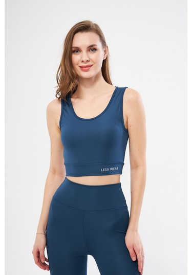 Lesa Wear Yüksek Bel Likralı Toparlayıcı Kısa Şort Tayt Crop Takım Mavi