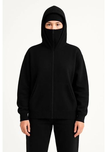 Kadın Samuray Ninja Çift Kapşonlu Zıp Fermuarlı Kanguru Çepli Hoodie Maske Detaylı Swetshirt - Siyah Siyah