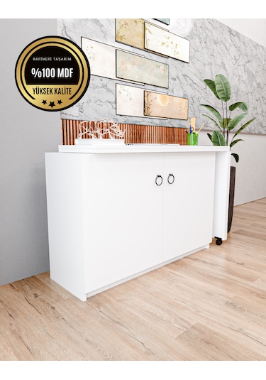 Rafineri Flor Çalışma Masası Dolaplı Açılır Katlanır Masa Mdf Bey Beyaz