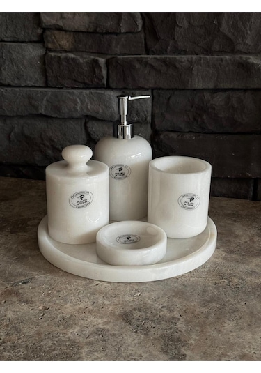 Beyaz Mermer Gümüş Pompalı, Pamukluk Kendinden Tutmalı 5'li Set Beyaz