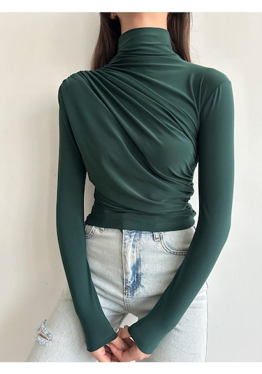 Kadın Büzgü Detaylı Dik Yaka Sandy Bluz Zümrüt