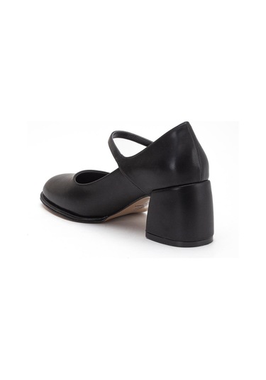 Siyah Kadın Kalın Topuklu Ayakkabı Baretli Vardola Kalın Tokalı-4340 Siyah