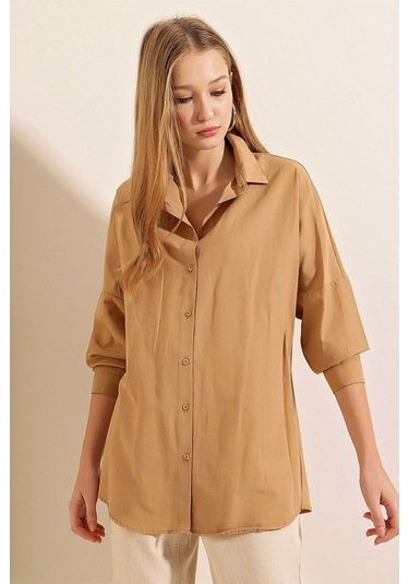 Bigdart 3900 Oversize Uzun Basic Gömlek - Bisküvi 001