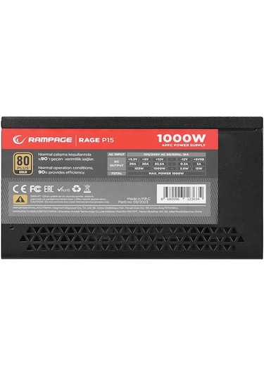 Rampage RAGE P15 1000W 80+ Gold APFC HDB Fan ATX3. Güç Kaynağı