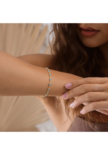 Queen Silver Jewelry 925 Ayar Gümüş Sıralı Nazar Boncuklu Bileklik Altın