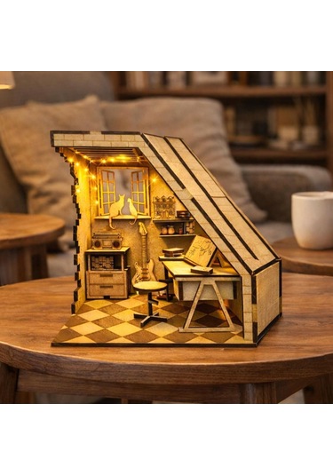 Mini Study Room Ahşap Maket Seti Dıy Book Nook Çalışma Odası Kitaplık Dekoru