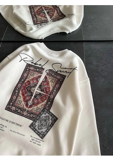 Mbb E-ticaret Kadın Bisiklet Yaka Kilim Halı Baskılı 3 İplik Pamuklu Sweatshirt - Beyaz