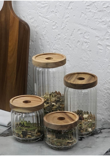 Timber Cam Kavanoz Seti - Çizgili 4'lü Saklama Kavanozu Takımı - Ahşap Kapaklı, 8 Parça