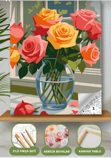 Denic Sayılarla Boyama Seti 40x50 Cm (Çıtalı) Fırça Boya Dahil Numaralı Tuval Cam Vazo Renkli Gül