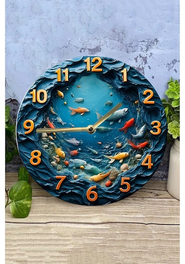 Akvaryum Ve Balık Temalı Mdf Duvar Saati 3d Görünümlü, Sessiz Quartz Mekanizma, 2d Hd Baskı Sdw243 Renkli