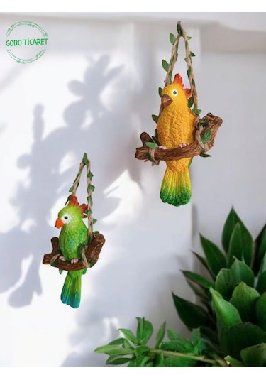 2 Adet Dekoratif Sallanan Duvar Ve Bahçe Süs Kuş Biblo Yeşil-sarı