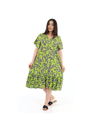 Schık Kadın Viskon Yarım Kol V Yaka Fırfırlı Elbise Yeşil Yeşil