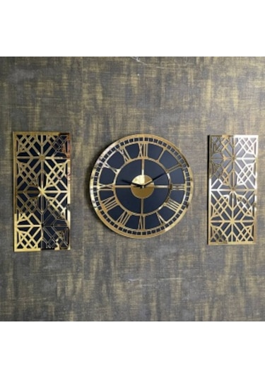 Bymelekoğlu 3'lü Roma Rakamlı Gold Duvar Saati Altın - Siyah