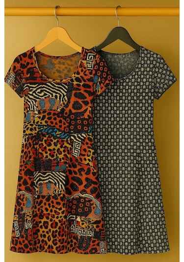 2 Adet Dökümlü Rahat Kalıp Günlük Penye Kumaş Elbise Ekru - Kahverengi