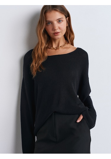 Dilvin 10706 Oval Yaka Yumuşak Dokulu Triko Kazak Siyah