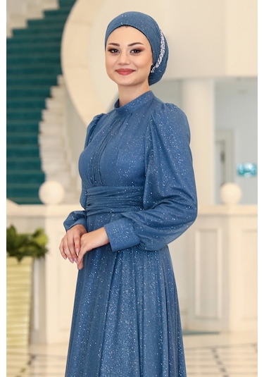 Raika Moda Şık Tasarım Tül Kübra Abiye İndigo