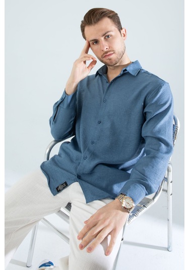 Rahat Kesim Keten Dokulu Gömlek Mavi