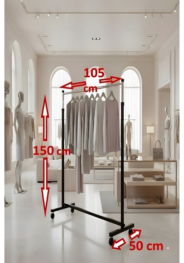 Paslanmaz Metal Askılık Vitrin Konfeksiyon Tekerlekli Demonte Portmanto 150 Cm Hanger Siyah