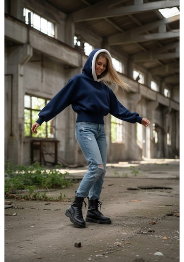 Kapşonlu Peluş Detaylı Sweatshirt Mavi