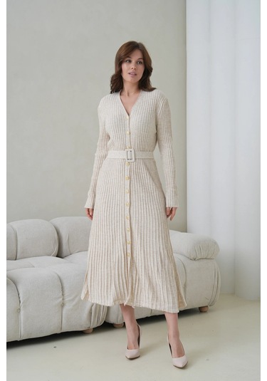 Kadın V Yaka Ful Düğme Kapama Kemer Detay Maksi Boy Fitilli Triko Elbise Taş