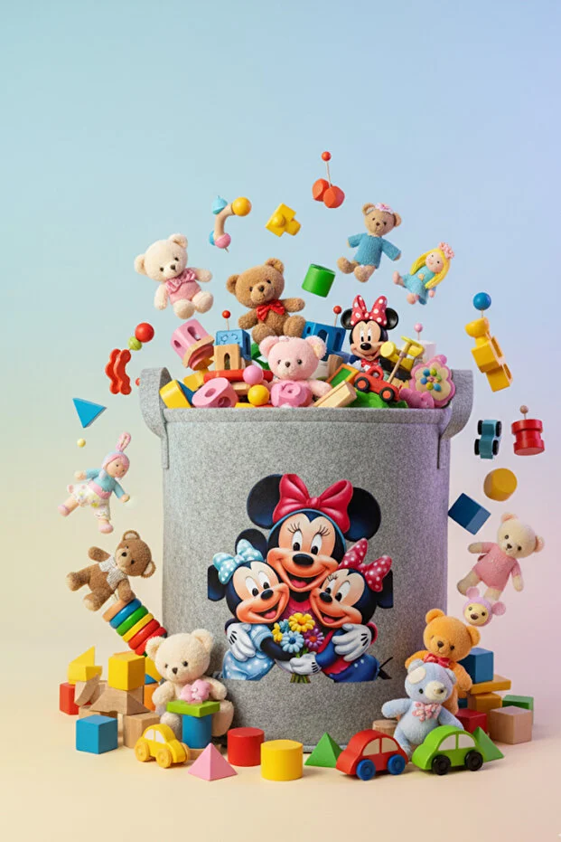 Keçe Oyuncak Sepeti Çizgi Film Desenli, Katlanabilir Kulplu, Çocuk Odası Düzenleyici 38x39 Açık Gri